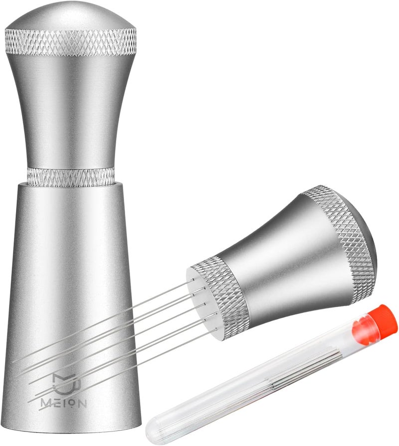 MEION WDT Espresso Distribution Tool Espresso Stirrer Tools for Barista, 0.35mm 7 Needles Espresso Coffee Stirrer with Extra 7 Replaceable Needles, Aluminum Alloy Handle with Stand (Silver) - Image 1