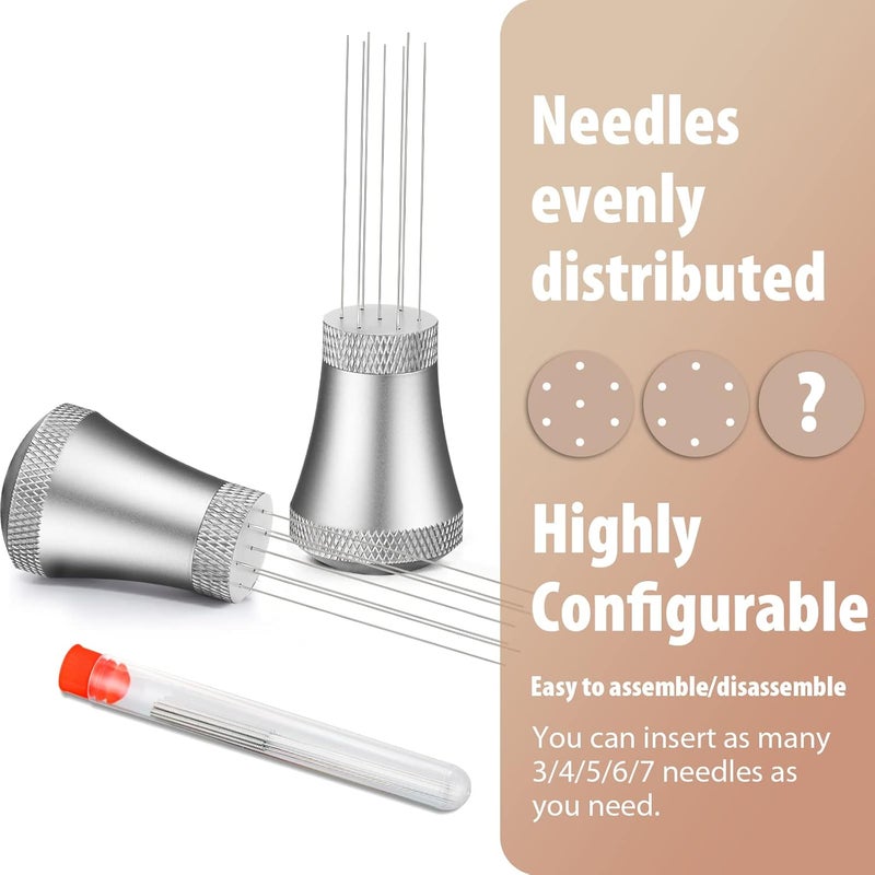 MEION WDT Espresso Distribution Tool Espresso Stirrer Tools for Barista, 0.35mm 7 Needles Espresso Coffee Stirrer with Extra 7 Replaceable Needles, Aluminum Alloy Handle with Stand (Silver) - Image 2