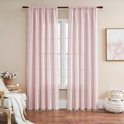 BCLBUSTE Linen Boho Curtains Cute Embroidered Pink Curtains for Girls Bedroom Nursery Room 84 Inches Long 2 Panels Light filtering Farmhouse Curtains for Living Room Rod Pocket Drapes (52" W x 84" L,Pink) - Image 2