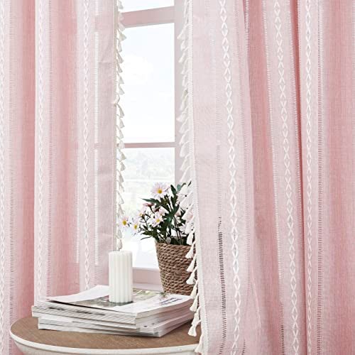 BCLBUSTE Linen Boho Curtains Cute Embroidered Pink Curtains for Girls Bedroom Nursery Room 84 Inches Long 2 Panels Light filtering Farmhouse Curtains for Living Room Rod Pocket Drapes (52" W x 84" L,Pink) - Image 4