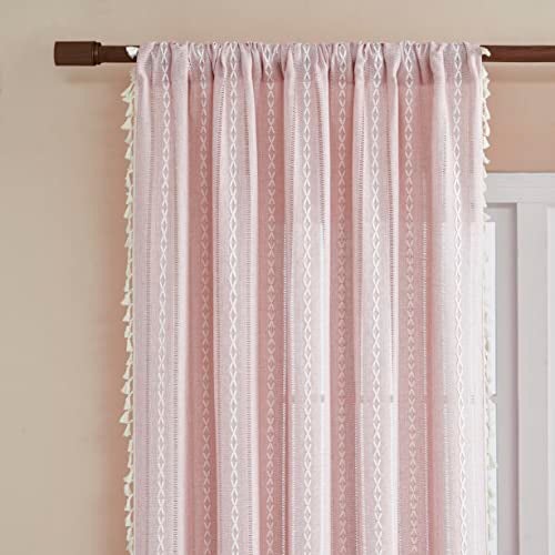 BCLBUSTE Linen Boho Curtains Cute Embroidered Pink Curtains for Girls Bedroom Nursery Room 84 Inches Long 2 Panels Light filtering Farmhouse Curtains for Living Room Rod Pocket Drapes (52" W x 84" L,Pink) - Image 5