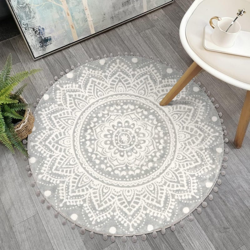 Uphome Boho Round Rug for Bedroom 3 Circle Mandala Grey Bathroom Rug with Pom Poms Fringe Washable Circular Accent Throw Rugs NonSlip Soft Floor Mat for Entryway Living Room Sofa Kids Room Nursery
