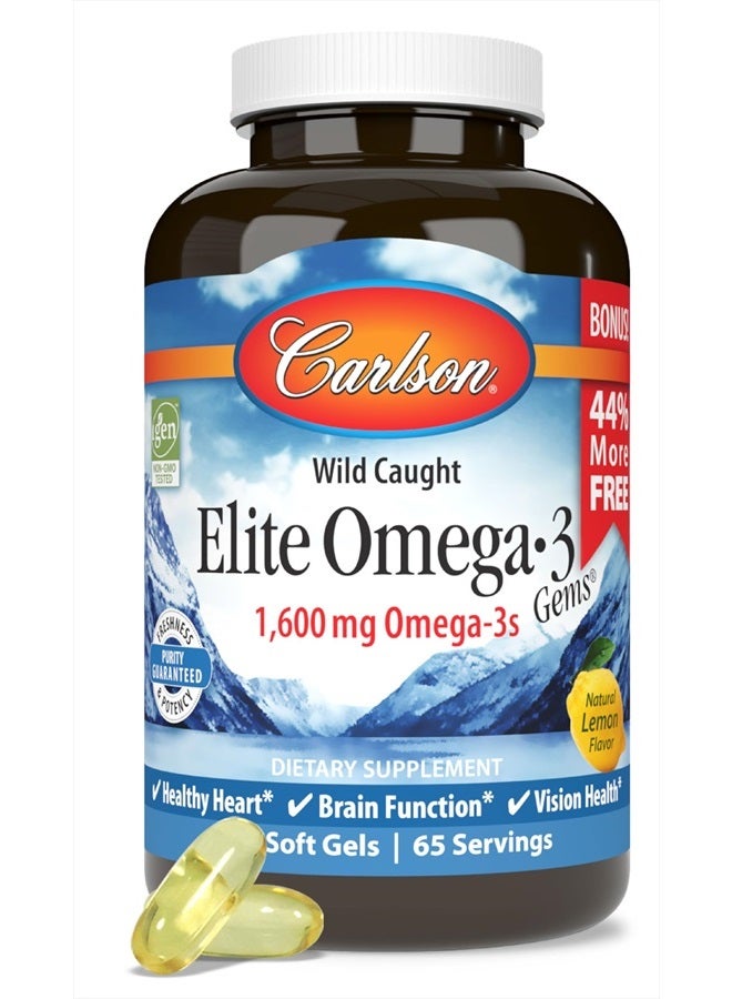 Carlson Elite Omega-3 Gems, 1600 mg Omega-3 Fatty Acids Including EPA and DHA, Norwegian, Wild-Caught Fish Oil Supplement, Sustainably Sourced Omega 3 Fish Oil Capsules, Lemon, 130 Softgels - Image 1