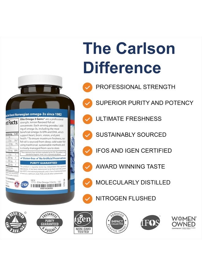 Carlson Elite Omega-3 Gems, 1600 mg Omega-3 Fatty Acids Including EPA and DHA, Norwegian, Wild-Caught Fish Oil Supplement, Sustainably Sourced Omega 3 Fish Oil Capsules, Lemon, 130 Softgels - Image 2