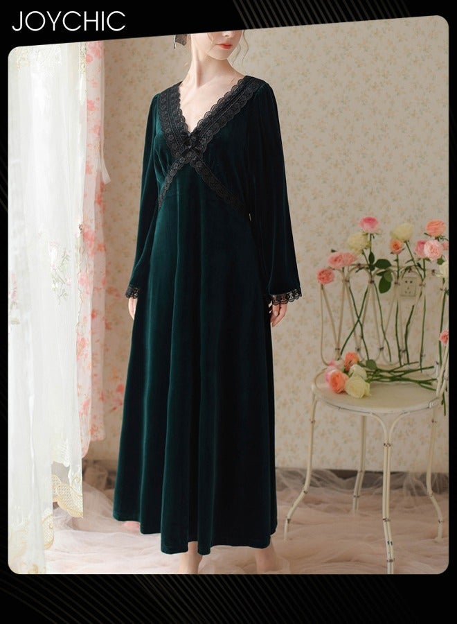 Joychic French Style Autumn and Winter Gold Velvet Fairy Sleepwear Thick Warm Pajamas Loose Bell Sleeves Nightgown for Women Green - Image 1