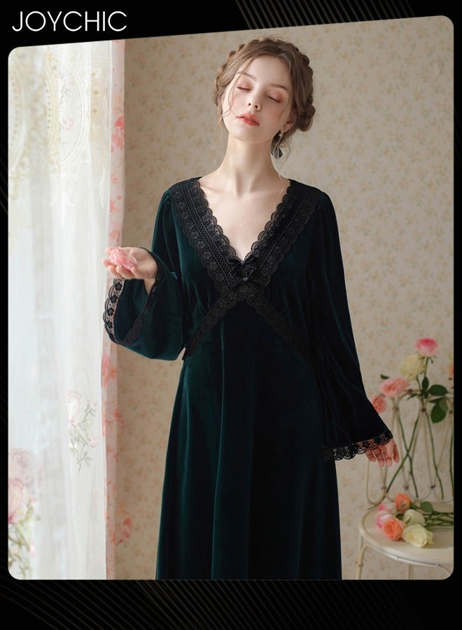 Joychic French Style Autumn and Winter Gold Velvet Fairy Sleepwear Thick Warm Pajamas Loose Bell Sleeves Nightgown for Women Green - Image 4