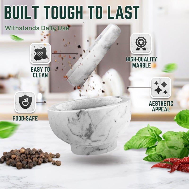 Flexzion (12cm (Marble)) - Marble Mortar and Pestle Set - Solid Marble Stone Grinder Bowl Holder For Guacamole, Herbs, Spices, Garlic, Kitchen, Cooking, Medicine - Image 3