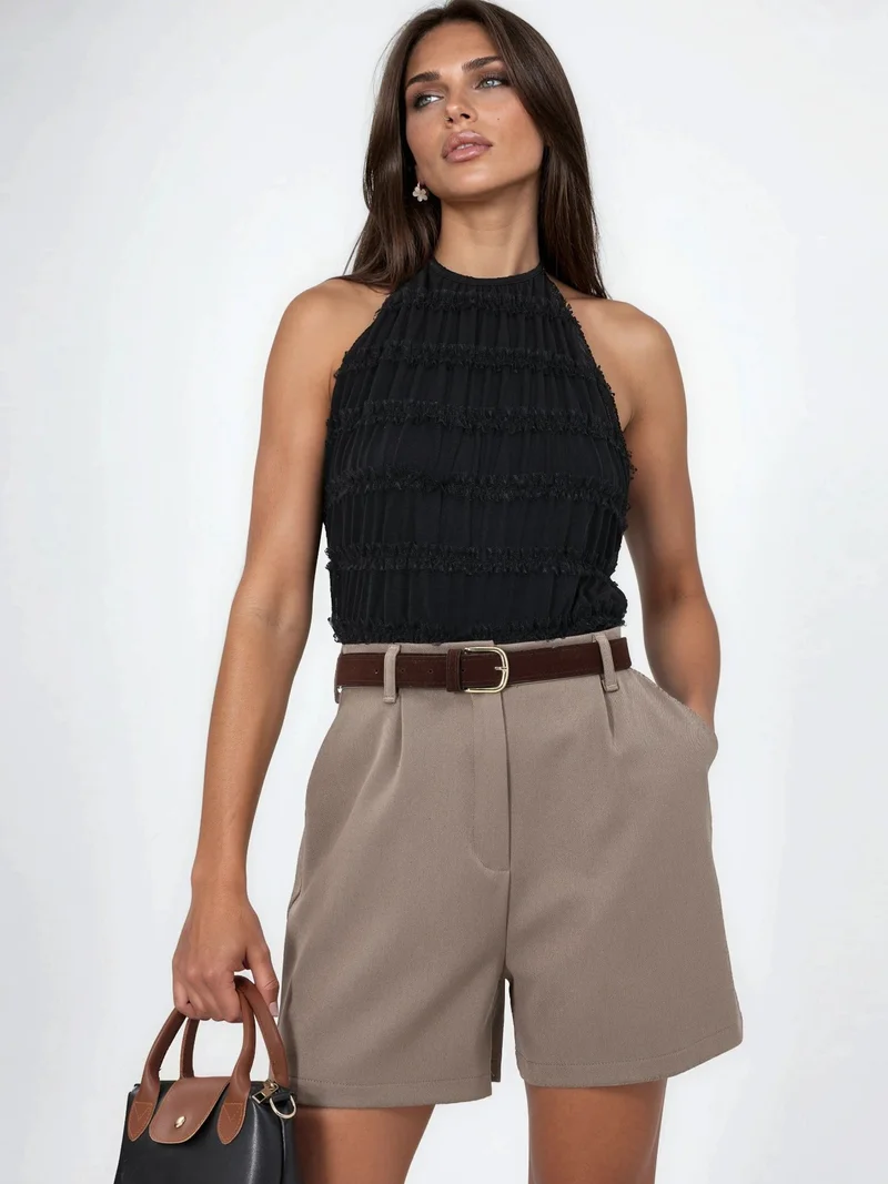 كيوستايل QU STYLE High Waist Wide Leg Belted Shorts