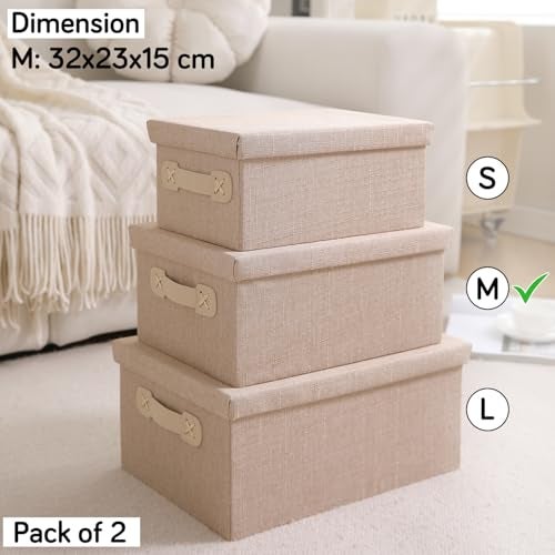 HOKIPO Cardboard, Linen Organisers Storage Box with Lid, Beige, Pack of 2, Medium (AR-5327-BGE-M*2) - Image 3