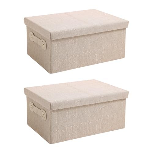 HOKIPO Cardboard, Linen Organisers Storage Box with Lid, Beige, Pack of 2, Medium (AR-5327-BGE-M*2) - Image 1