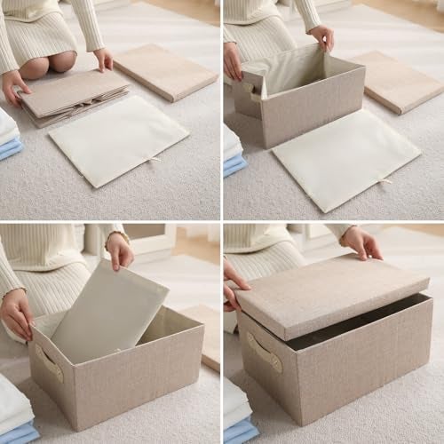 HOKIPO Cardboard, Linen Organisers Storage Box with Lid, Beige, Pack of 2, Medium (AR-5327-BGE-M*2) - Image 2