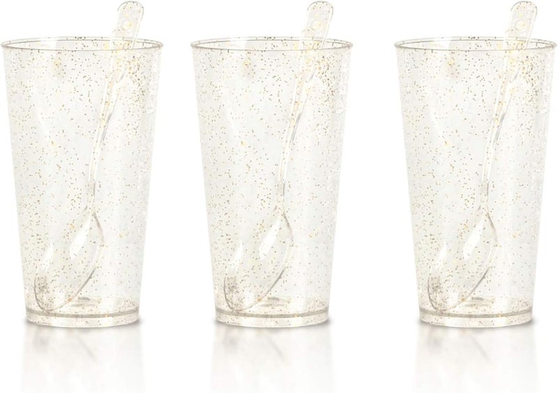 Zappy 100 3 Oz Disposable Plastic Straight Wall Shooter Glasses Clear Gold Glitter Dessert Cups and Tasting Spoons - Dessert Shooters Glasses Appetizer Bowls Trifle Bowl Tumbler Shooters - Image 1