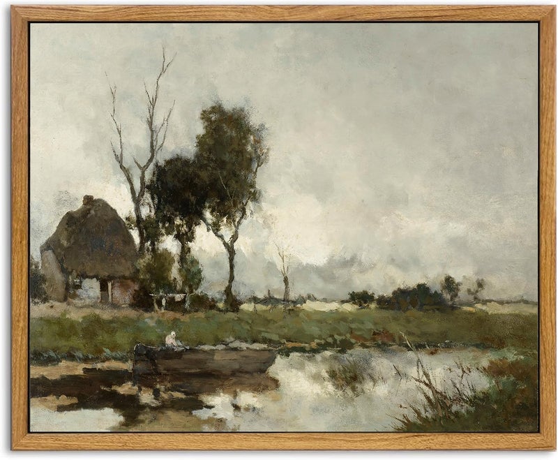 KBKBART Vintage Wall Art Framed  Vintage European Countryside Canvas Oil Painting Farmhouse Decor Wall Art  Rustic Antique Landscape Bathroom Wall Decor for Bedroom Living Room  Vintage Wall Decor(8""x10"") - Image 1