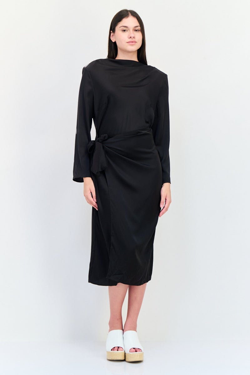 Donna Morgan Women Plain Twisted Front Satin Midi Dress, Black  - Image 1