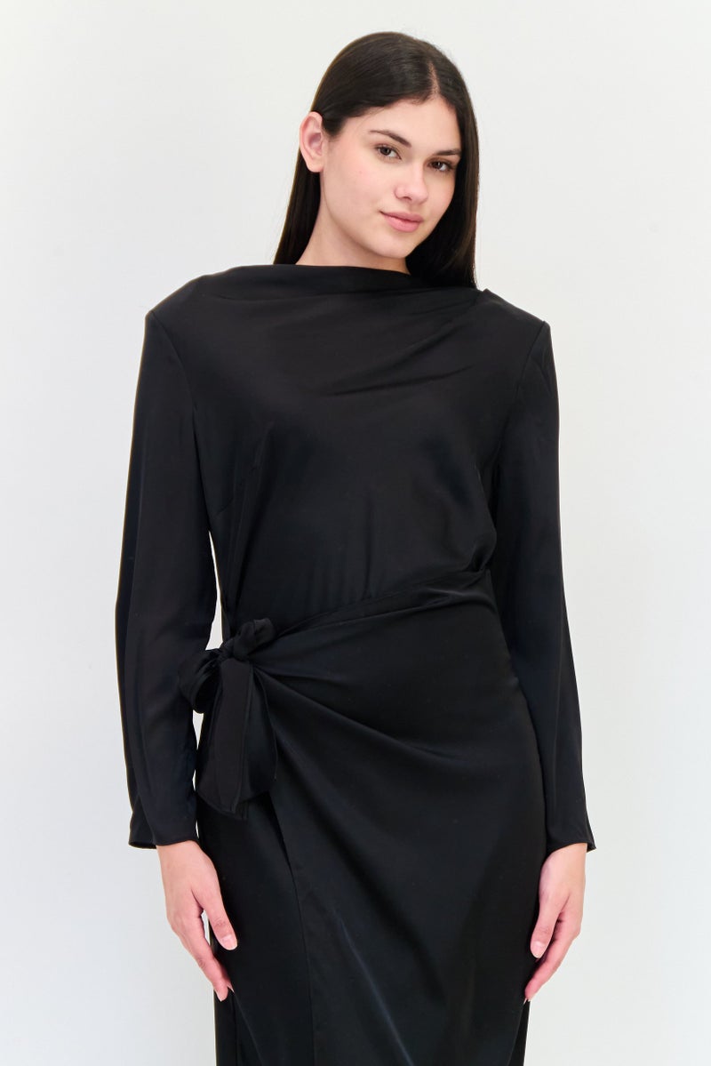 Donna Morgan Women Plain Twisted Front Satin Midi Dress, Black - Image 4