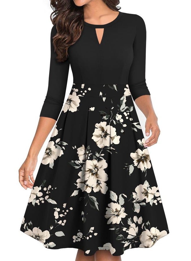 YATHON Women's Vintage Floral Flared A-Line Swing Casual Party Dresses with Pockets, Yt018-black Khaki 02-3/4, M - Image 1