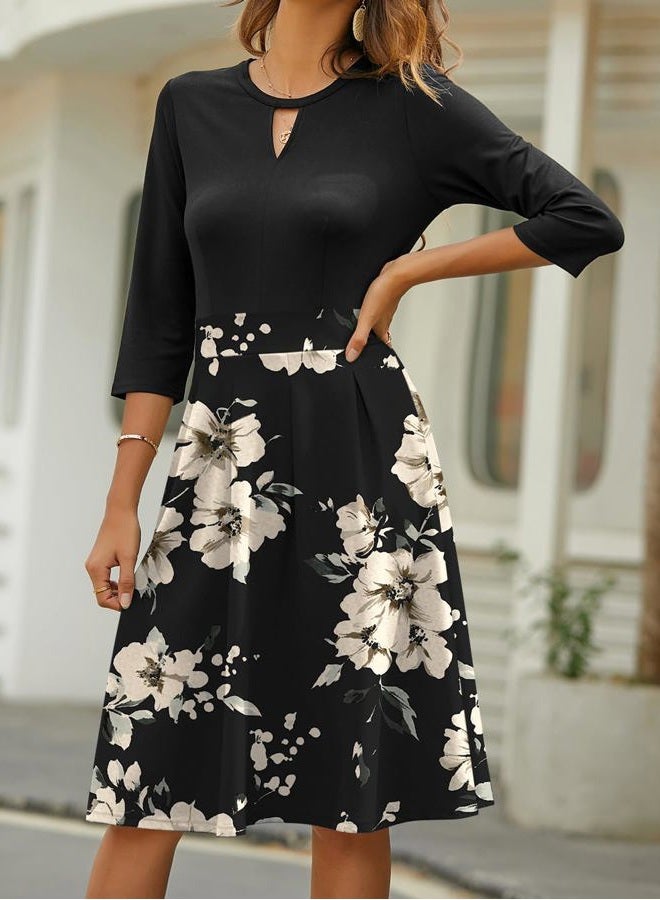 YATHON Women's Vintage Floral Flared A-Line Swing Casual Party Dresses with Pockets, Yt018-black Khaki 02-3/4, M - Image 4