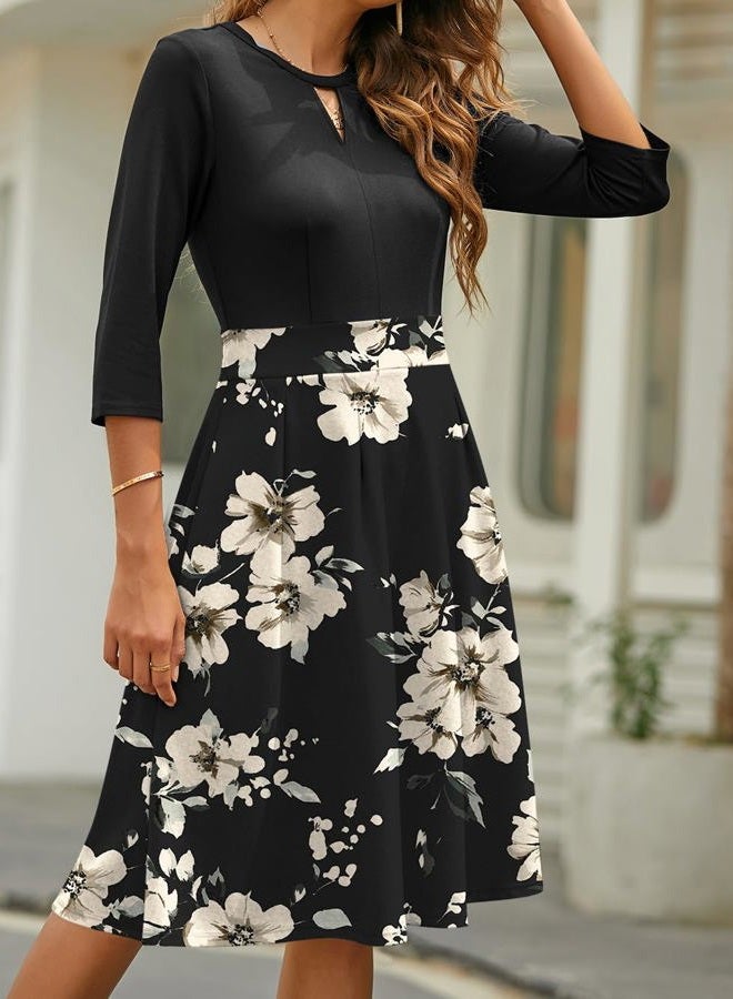 YATHON Women's Vintage Floral Flared A-Line Swing Casual Party Dresses with Pockets, Yt018-black Khaki 02-3/4, M - Image 3