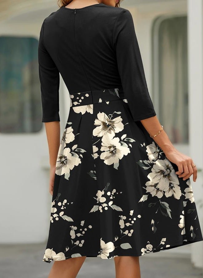 YATHON Women's Vintage Floral Flared A-Line Swing Casual Party Dresses with Pockets, Yt018-black Khaki 02-3/4, M - Image 2