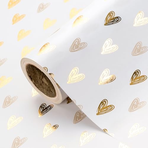 WRAPAHOLIC Heart Wrapping Paper Roll Mini Roll 17 Inch x 165 Feet Gold Foil Heart Design for Valentines Day Wedding Bridal Shower Birthday Baby Shower - Image 1