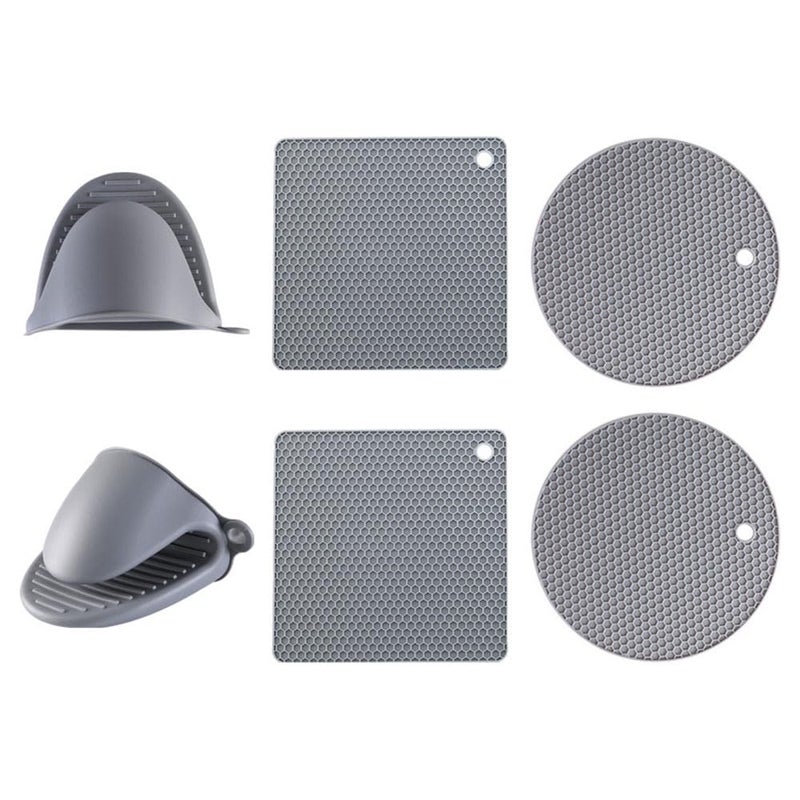 6Pcs Mini Oven Mitts and Pot Holders Sets,Heat Resistant Silicone Mittens with Mini Gloves Hot Pads Potholders for Kitchen Baking Cooking, Quilted Liner (Grey)