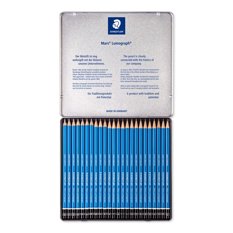 STAEDTLER Mars Lumograph Art Drawing Pencils, Graphite Pencils in Metal Case, Break-Resistant Bonded Lead, Grades 12B-10H, Set of 24 - Image 2