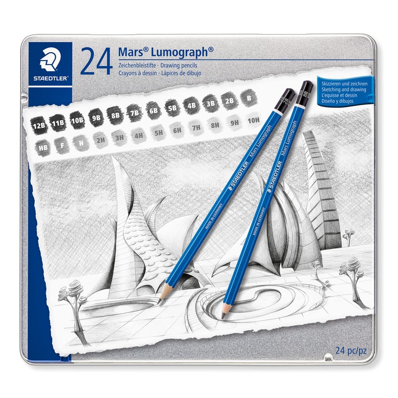 STAEDTLER Mars Lumograph Art Drawing Pencils, Graphite Pencils in Metal Case, Break-Resistant Bonded Lead, Grades 12B-10H, Set of 24 - Image 1
