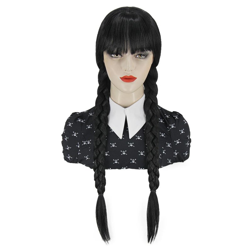 Juziviee Girls Braided Black Wig for Halloween Costume Girls Women Black Wig with Bangs for Halloween Costume Cosplay Cute Soft Party Wig JZ025BK