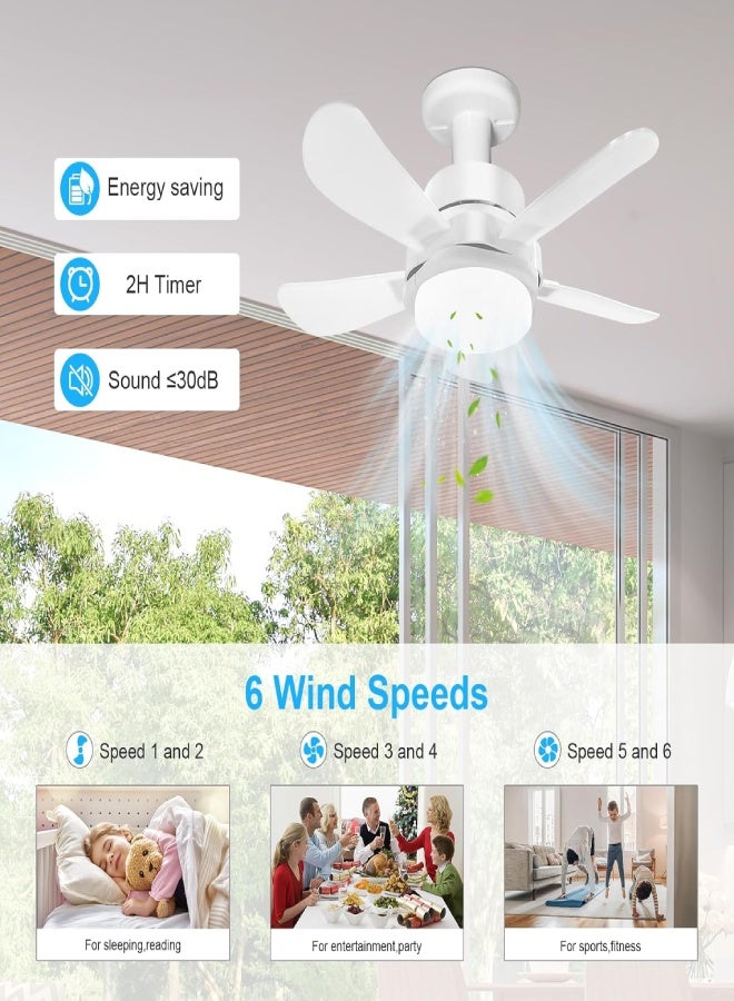 ارواق مروحة سقف قابلة للتوصيل بالكهرباء مع أضواء وجهاز تحكم عن بعد - مروحة صغيرة E26 تُثبّت في مقبس الإضاءة - مروحة إضاءة صامتة مدمجة لغرفة النوم والمطبخ والمكتب - بيضاء - Image 4