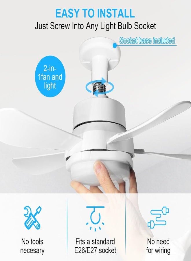 ارواق مروحة سقف قابلة للتوصيل بالكهرباء مع أضواء وجهاز تحكم عن بعد - مروحة صغيرة E26 تُثبّت في مقبس الإضاءة - مروحة إضاءة صامتة مدمجة لغرفة النوم والمطبخ والمكتب - بيضاء - Image 2