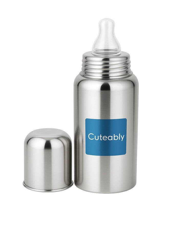 Cuteably Stainless Steel Baby Bottle | Wide Mouth Anti-Colic Nipple | BPA-Free Rust-Free Bottles for Kids (300 ML) - Image 1