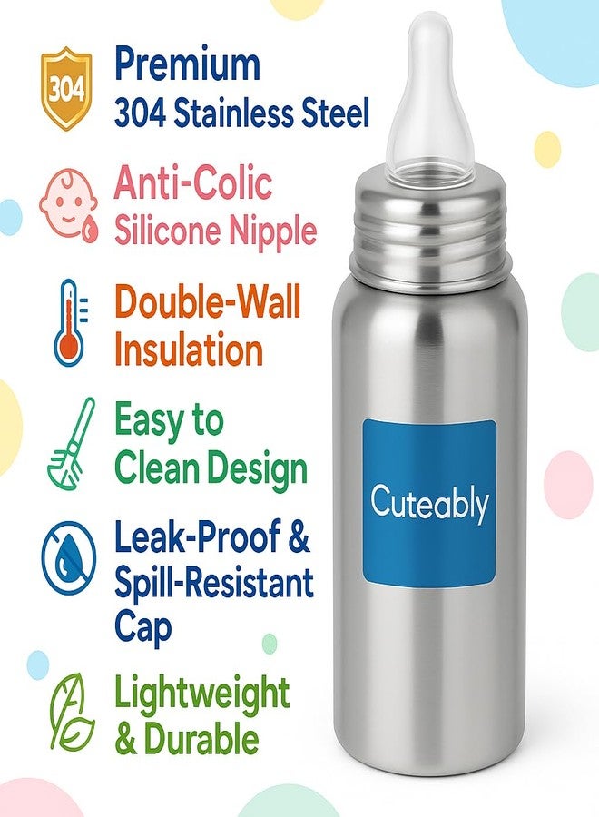 Cuteably Stainless Steel Baby Bottle | Wide Mouth Anti-Colic Nipple | BPA-Free Rust-Free Bottles for Kids (300 ML) - Image 5