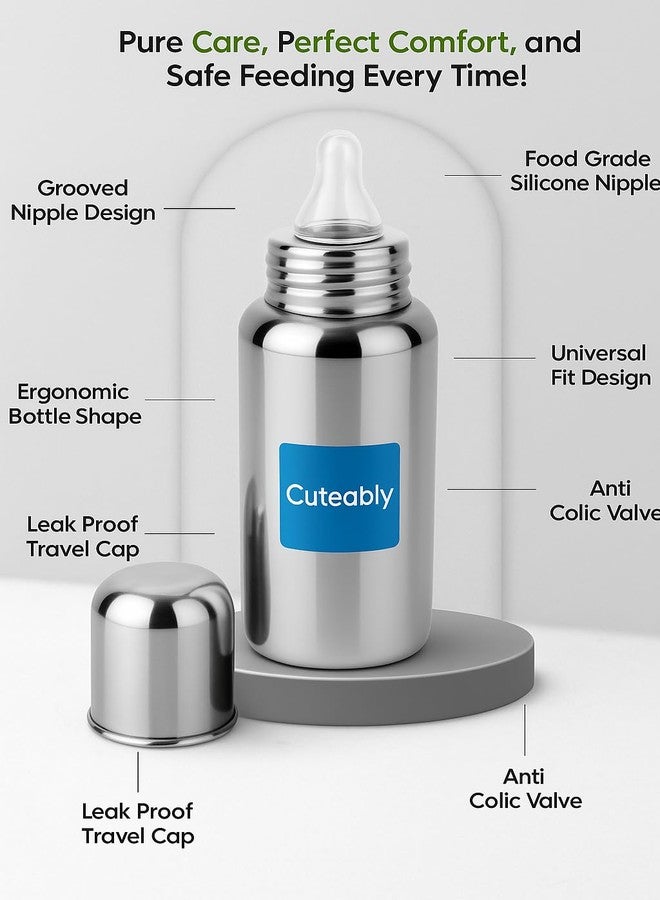 Cuteably Stainless Steel Baby Bottle | Wide Mouth Anti-Colic Nipple | BPA-Free Rust-Free Bottles for Kids (300 ML) - Image 2