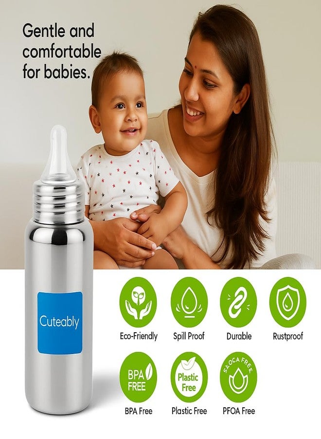 Cuteably Stainless Steel Baby Bottle | Wide Mouth Anti-Colic Nipple | BPA-Free Rust-Free Bottles for Kids (300 ML) - Image 3