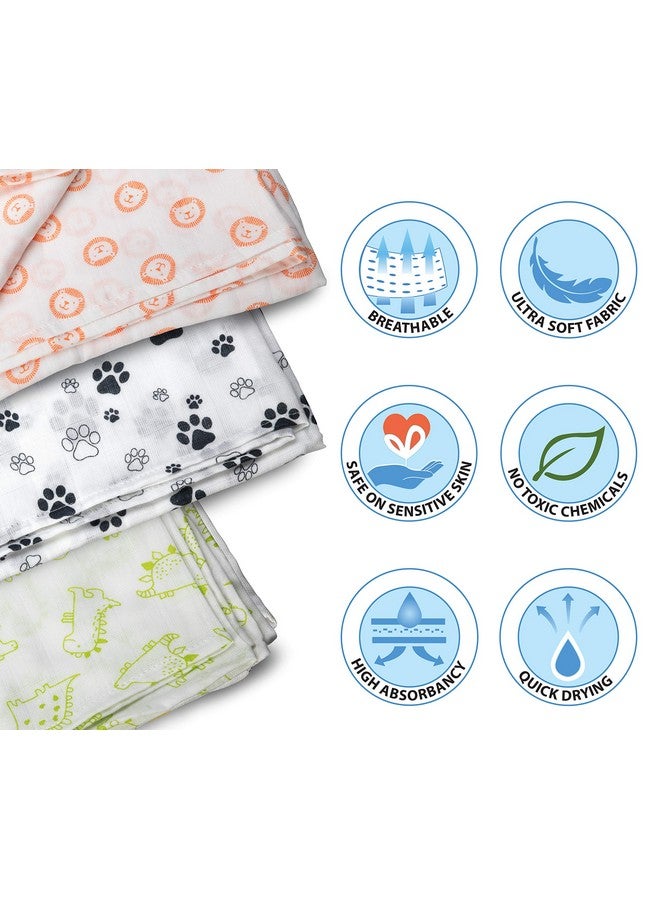 لوفلاب طقم لفافات الأطفال من قماش موسلين قطني 100%، عبوة من 3 قطع، مقاس 120 سم × 100 سم (47 بوصة × 39 بوصة)، مطبوع عليها حيوانات على اللون الأبيض، للأطفال من سن 0 إلى 18 شهرًا فما فوق، لفافات موسلين مولمول مطبوعة للأطفال حديثي الولادة - Image 2