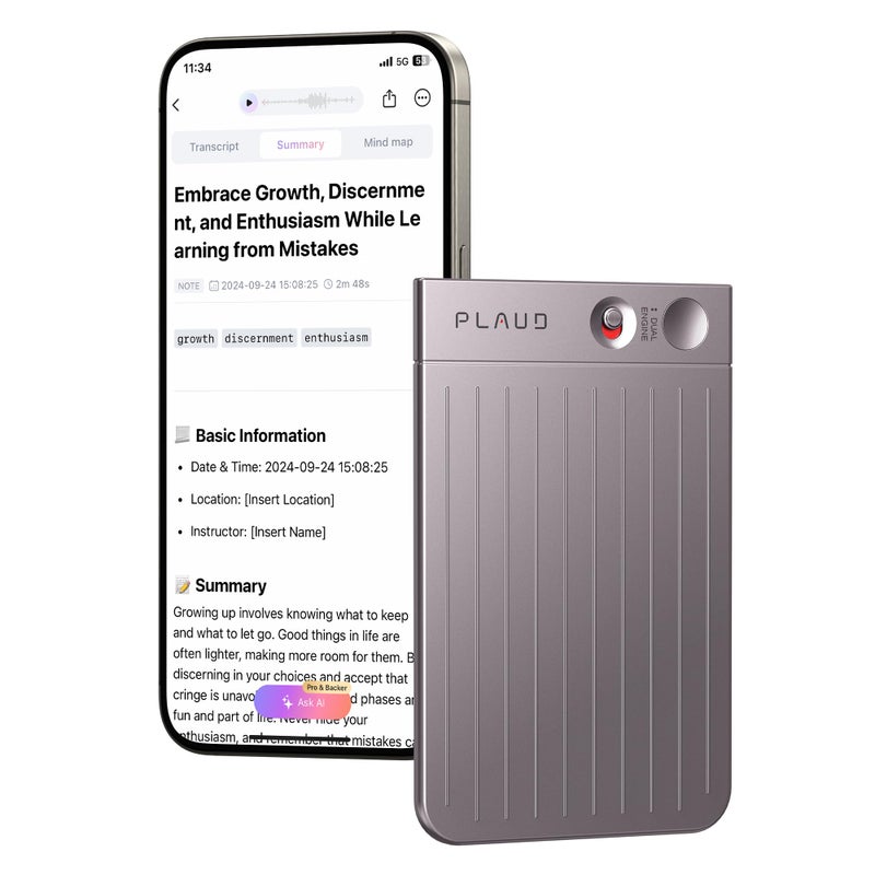 PLAUD AI Voice Recorder, PLAUD Note Voice Recorder w/Case, App Control, Transcribe & Summarize with AI Technology, Support 112 Languages, 64GB Memory, Audio Recorder for Lecture, Meeting, Call, Interview - Image 1