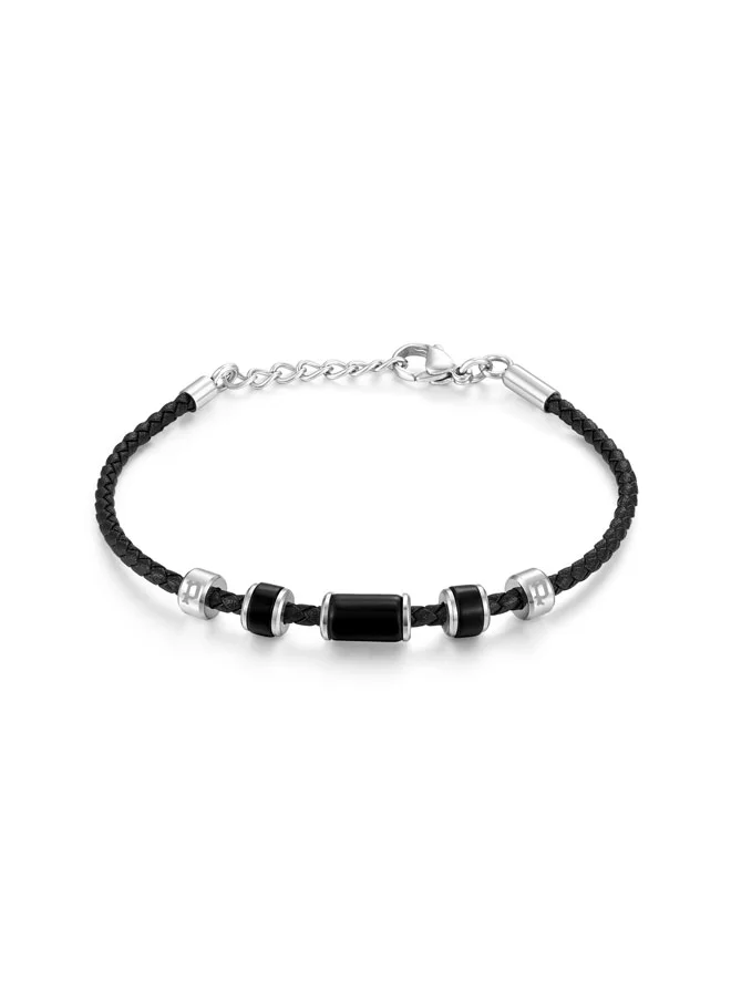 بوليس Bullion Men's Black Leather with Onyx Beads Bracelets