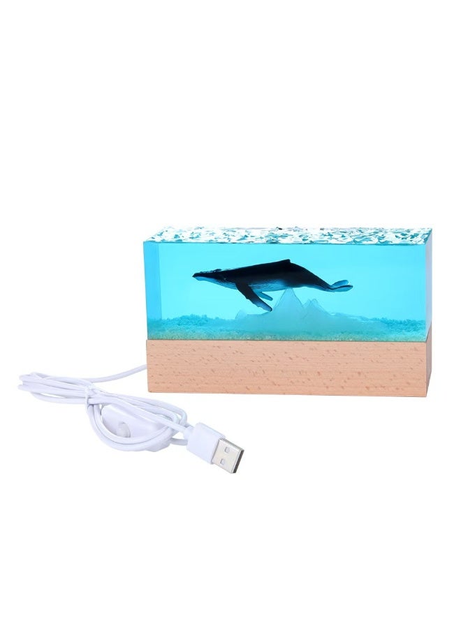 Handmade Resin Whale Micro-Landscape LED Night Light with Wooden Base, Ocean Art Decor - Image 1