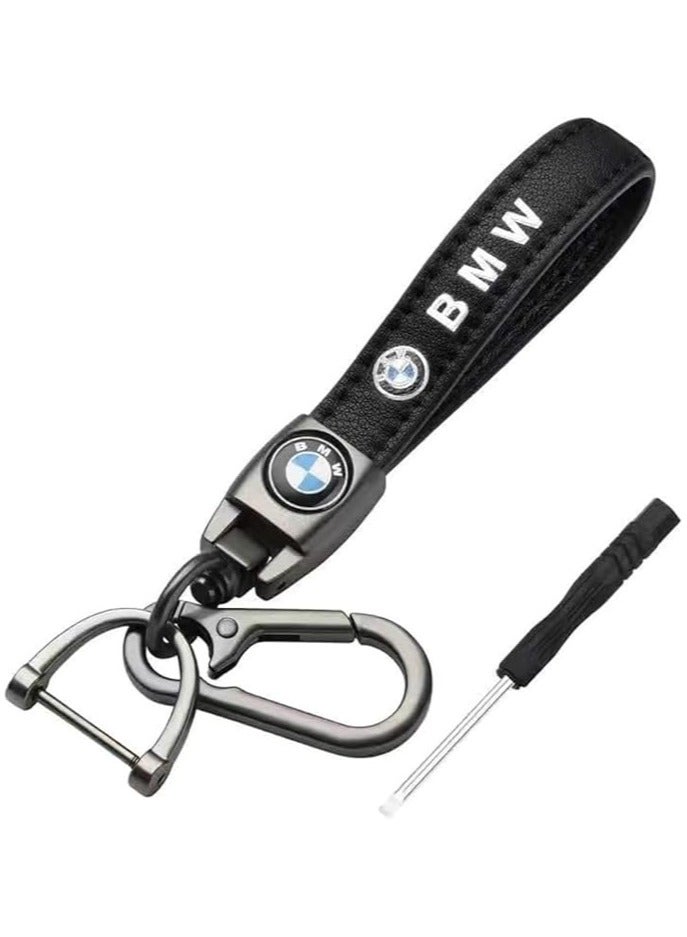 بي إم دبليو سلسلة مفاتيح معدنية من الجلد للسيارة للرجال والنساء باللون الأسود غير اللامع، مع دوران 360 درجة مناسبة لسيارة BMW - Image 1