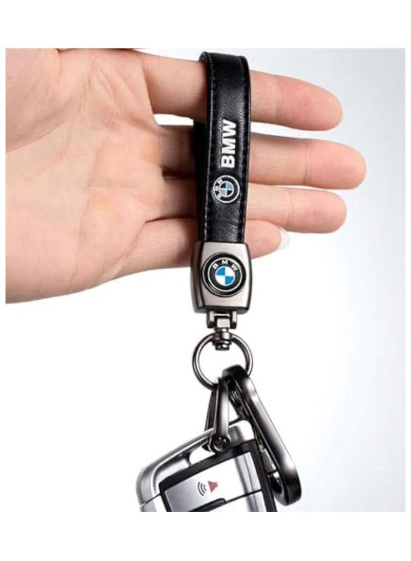 بي إم دبليو سلسلة مفاتيح معدنية من الجلد للسيارة للرجال والنساء باللون الأسود غير اللامع، مع دوران 360 درجة مناسبة لسيارة BMW - Image 2