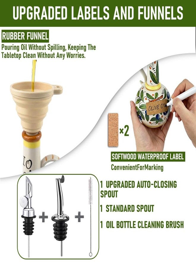 Gnlnkn 18 oz Ceramic Olive Oil Dispenser Bottle - Hand-Painted Italian Kitchen Decor Oil Cruet with 2 Spouts, Silicone Funnel, Cleaning Brush & Writable Labels - Ceramic Olive Oil Decanter for Kitchen - Image 3