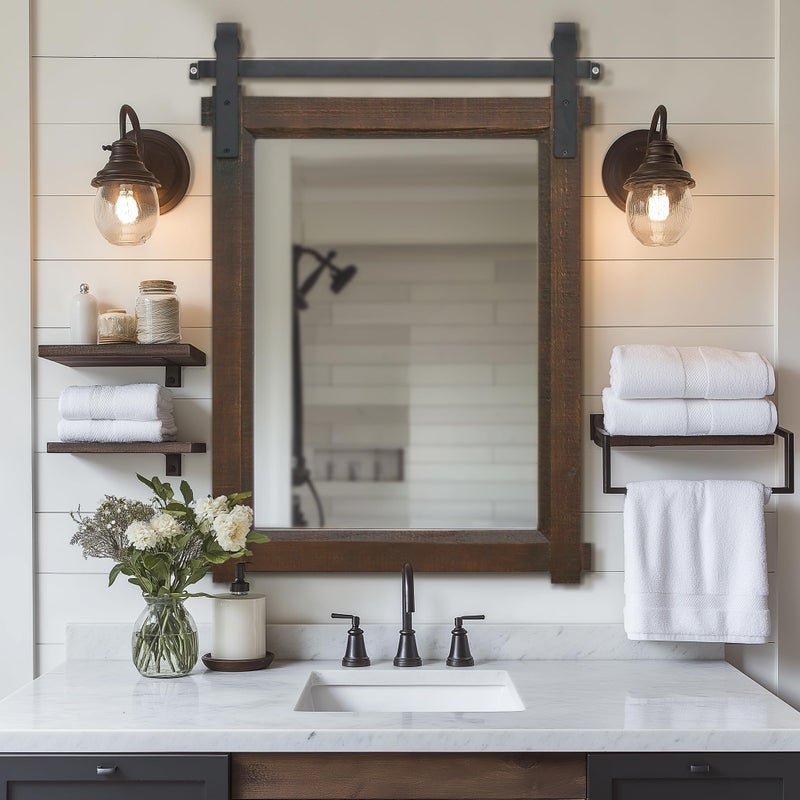 Besdomus Rustic Bathroom Wall Mirror: 22"x30" Brown Barn Door Solid Cedar Wood Frame Vanity Mirror - Farmhouse Decor for Hallway/Living Room/Bathroom Renovation - Wall Decor for Fashion-Conscious - Image 1