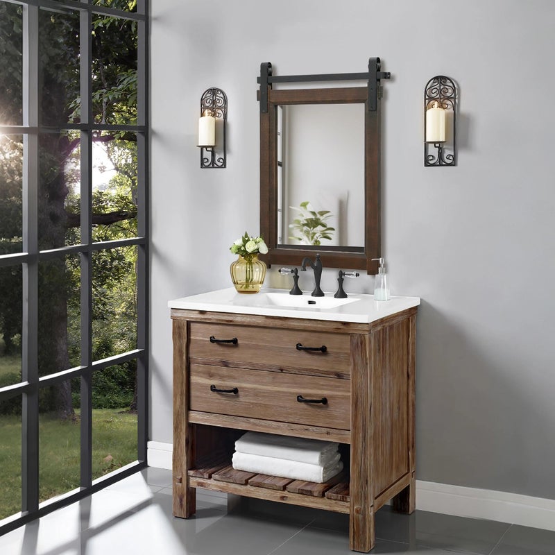 Besdomus Rustic Bathroom Wall Mirror: 22"x30" Brown Barn Door Solid Cedar Wood Frame Vanity Mirror - Farmhouse Decor for Hallway/Living Room/Bathroom Renovation - Wall Decor for Fashion-Conscious - Image 3