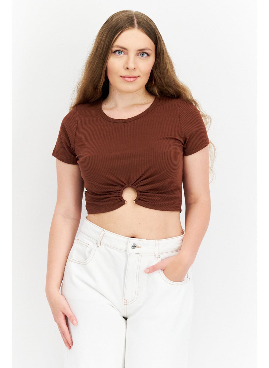 Women Round Neck Short Sleeve Textured Top, Brown - pzsku/ZAC03C4CF8304C1DB8ABBZ/45/_/1724351307/adf511bc-e161-4017-8243-b0120cf86e82