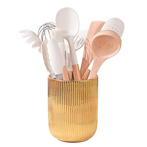 Satu Brown Utensil Holder, Ceramic Kitchen Gold Utensil Holder for Countertop,Cooking Utensil Crocks for Kitchen Counter 5.1 W x 6.6 H inches（stripes） - Image 1