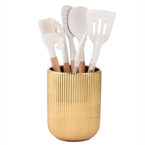 Satu Brown Utensil Holder, Ceramic Kitchen Gold Utensil Holder for Countertop,Cooking Utensil Crocks for Kitchen Counter 5.1 W x 6.6 H inches（stripes） - Image 2