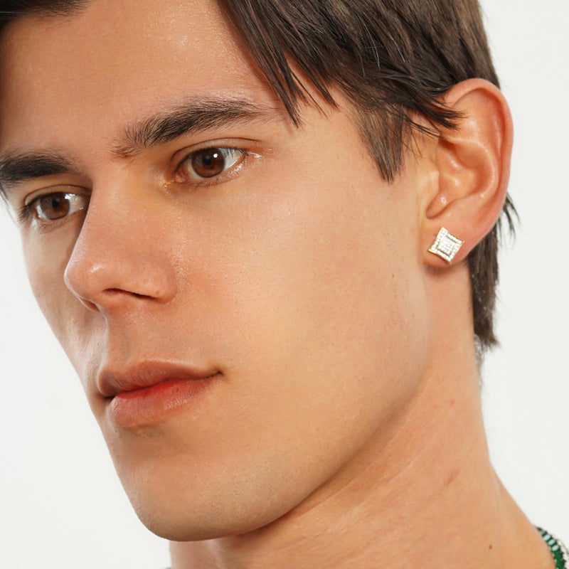 TOPGRILLZ 925 Sterling Silver Iced out Men Women 14k Gold Square Kite Screw Back Hypoallergenic Stud Earrings with Simulated Diamond (White gold - Image 3