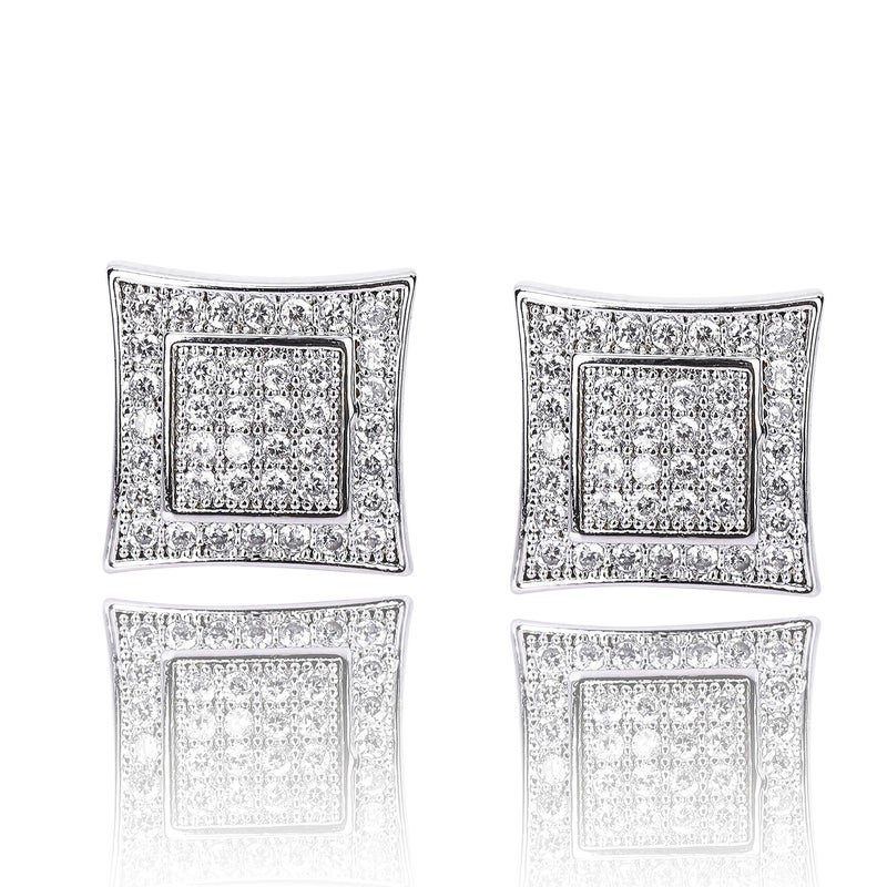 TOPGRILLZ 925 Sterling Silver Iced out Men Women 14k Gold Square Kite Screw Back Hypoallergenic Stud Earrings with Simulated Diamond (White gold - Image 1