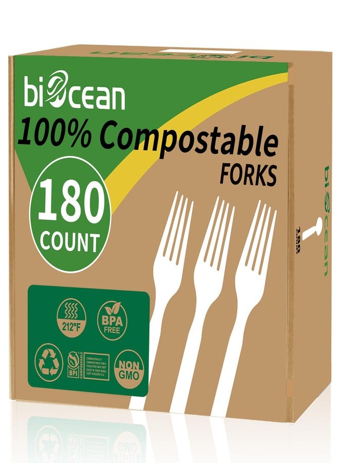 Biocean 100% Compostable Forks 180 Count Disposable Forks bulk Utensils Set Heavy Duty Fork Silverware Eco Friendly Flatware for Party Camping Picnics Wedding-Ivory White - Image 1