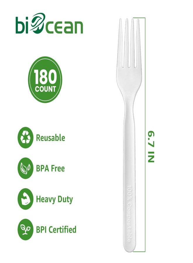 Biocean 100% Compostable Forks 180 Count Disposable Forks bulk Utensils Set Heavy Duty Fork Silverware Eco Friendly Flatware for Party Camping Picnics Wedding-Ivory White - Image 2